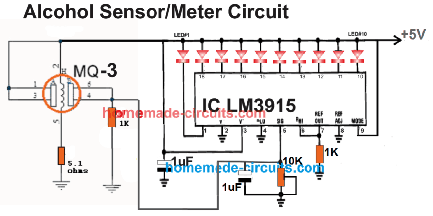 Circuito Medidor Detector de Álcool usando o Módulo Sensor MQ-3 10 Indicador gráfico de barras LED LM3915