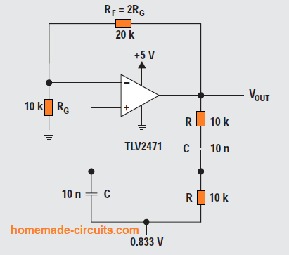 Circuitos osciladores de mudança de fase - Wien-Bridge, Buffered, Quadrature, Bubba 2 Circuito da ponte de Viena