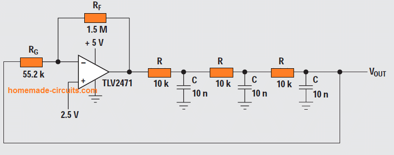 Circuitos osciladores de mudança de fase - Wien-Bridge, Buffered, Quadrature, Bubba 10 Oscilador de mudança de fase (um opamp)