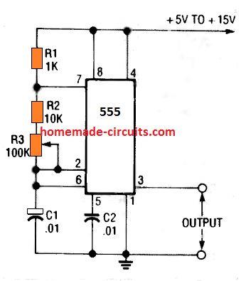 Circuito oscilador IC 555 variável simples