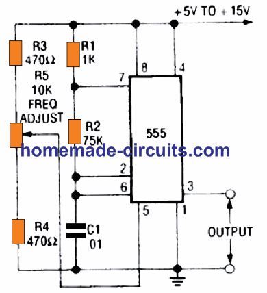 como modular a frequência de saída do IC 555 usando a entrada de controle do pino 5