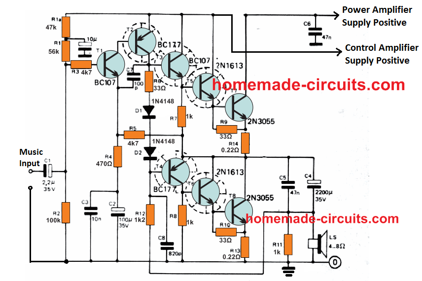 Circuito amplificador de 30 watts usando transistores 2 Diagrama de circuito
