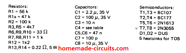 Circuito amplificador de 30 watts usando transistores 4 Lista de peças do amplificador de 30 watts