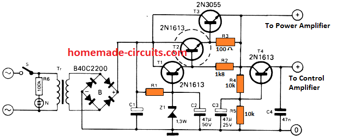 Circuito amplificador de 30 watts usando transistores 6 Circuito de Fonte de Alimentação