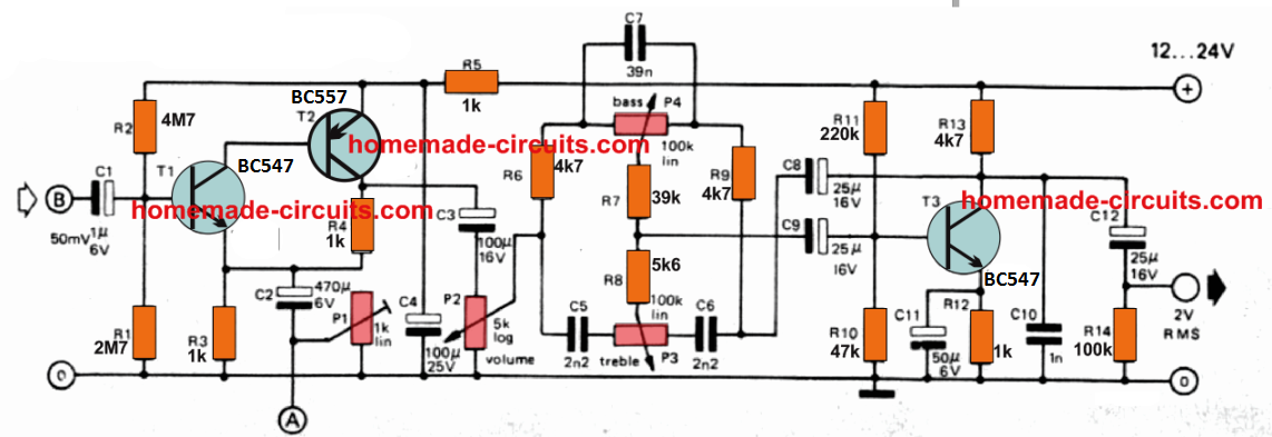 Circuito amplificador estéreo de 5 watts com controles de graves e agudos 4 Circuito de graves e agudos