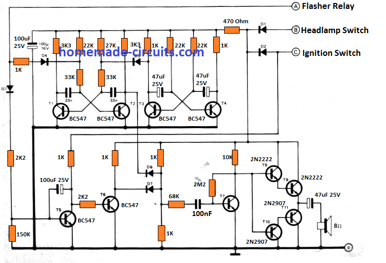 Gerador de tom de aviso do carro para ignição, farol, luzes de direção
