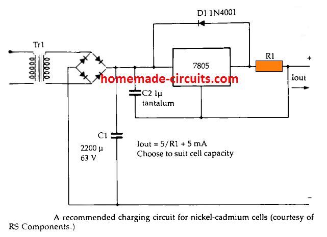 Circuitos para carregar Bateria Recarregável de NI-CD 20 Usando IC 7805
