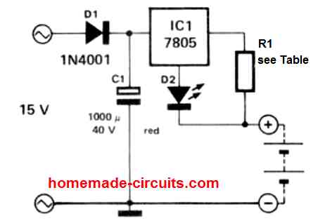 Circuitos para carregar Bateria Recarregável de NI-CD 22 Usando corrente constante baseada em 7805 e LED