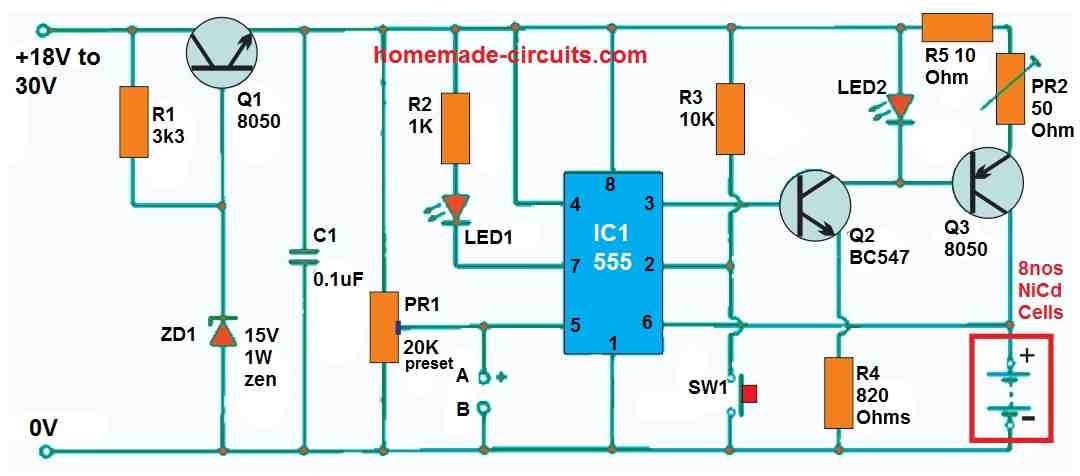 Circuitos para carregar Bateria Recarregável de NI-CD 30 Carregando 8 células em série com corte automático