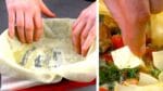 Coloque 10 folhas de massa filo na frigideira e adicione o recheio. Delicioso!