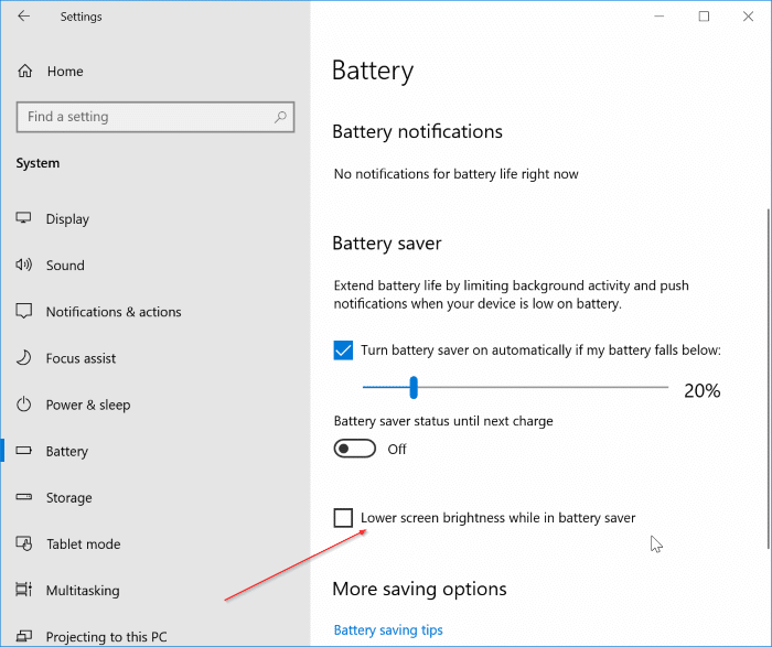 diminuir o brilho da tela quando estiver na economia de bateria no Windows 10