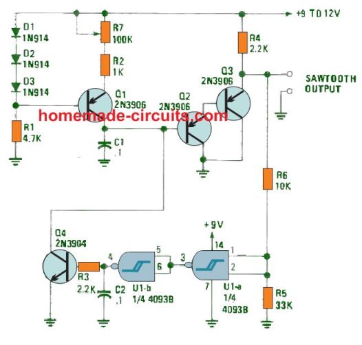10 circuitos de gerador de função útil bem explicados 28 Circuito gerador de dente-de-serra