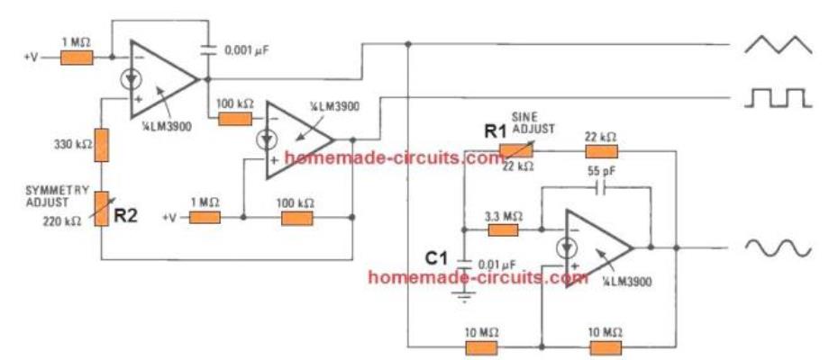 10 circuitos de gerador de função útil bem explicados 33 9) Circuito gerador de funções usando lM3900 Norton Op Amp