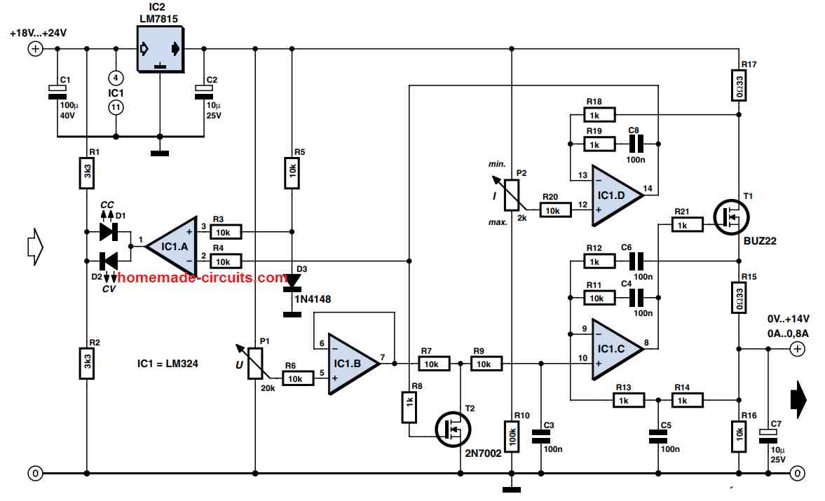 Outro circuito simples de fonte de alimentação de laboratório usando LM324 IC