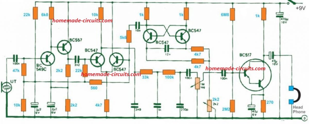 6) Outro circuito receptor ultrassônico para ouvir sons acima da faixa de 20 kHz