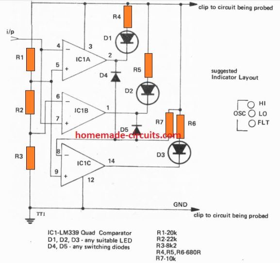3) Testador de lógica usando LM339 IC