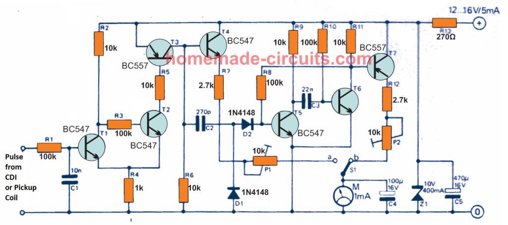 Circuito do Medidor de Manutenção de RPM do Motor de Automóvel (Circuitos de Tacômetro Analógico) 2 Como funciona o circuito