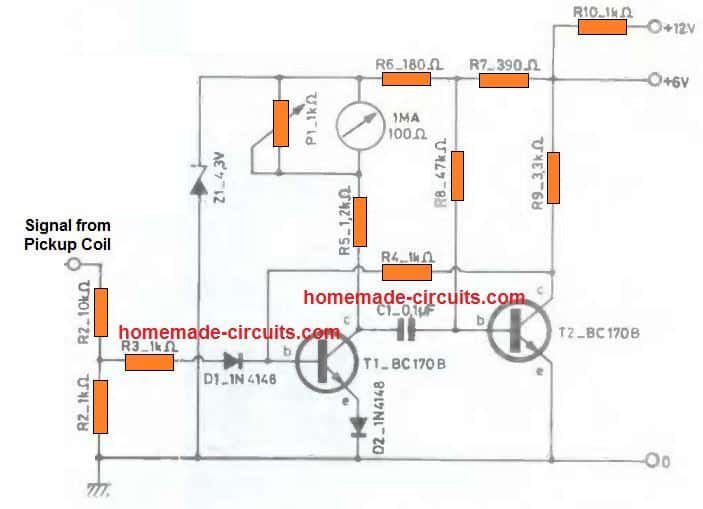 Circuito do Medidor de Manutenção de RPM do Motor de Automóvel (Circuitos de Tacômetro Analógico) 6 Tacômetro de dois transistores para encontrar falhas no motor