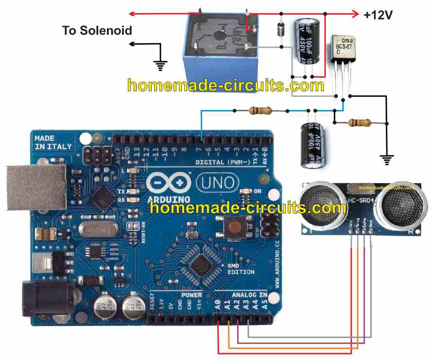 Circuito de desinfetante para as mãos ultrassônico 4 Interface HC-SR04 com Arduino