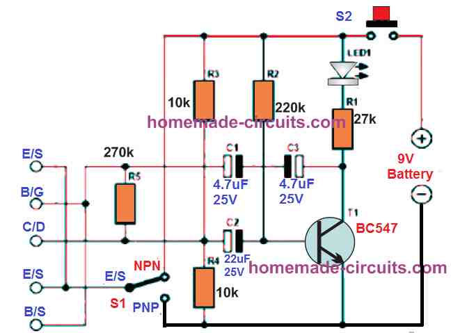 Circuito testador universal BJT, JFET, MOSFET 4 Como funciona o circuito