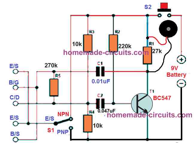 Circuito testador universal BJT, JFET, MOSFET 6 Usando um indicador de campainha