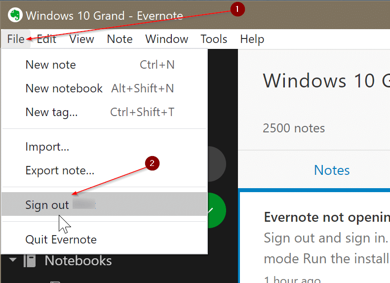 3 maneiras de corrigir o aplicativo Evernote que não abre ou não funciona no Windows 10 4 Saia e faça login se estiver abrindo, mas não sincronizando ou funcionando corretamente