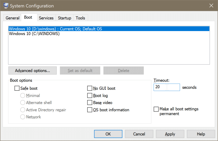 Restaure o menu de inicialização dupla por meio da caixa de diálogo Configuração do sistema