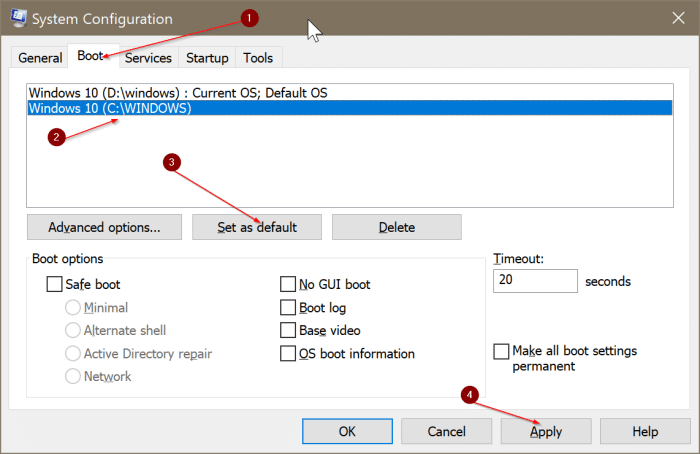 Use a ferramenta de configuração do sistema para restaurar o menu de inicialização dupla