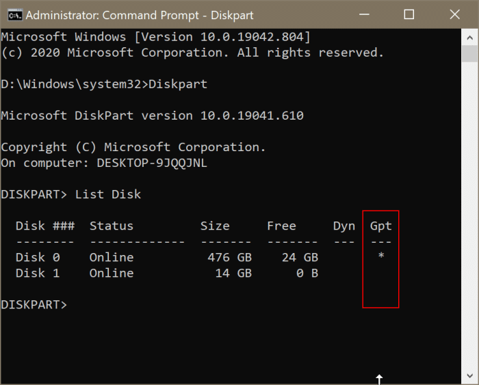 3 maneiras de verificar se uma unidade de disco é GPT ou MBR no Windows 10 6 Use o prompt de comando para verificar se um disco é MBR ou GPT