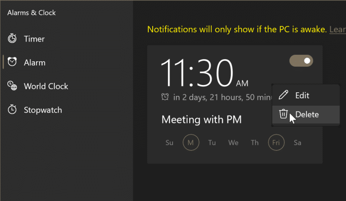 Como usar alarmes no Windows 10 5 Excluir um alarme no Windows 10