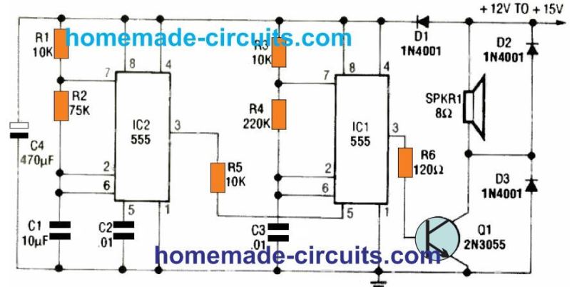 Circuito de sirene de alarme Warble He-Haw