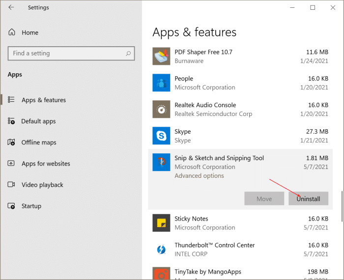 Desinstale a Ferramenta de Recorte e Recorte e Esboce no Windows 10