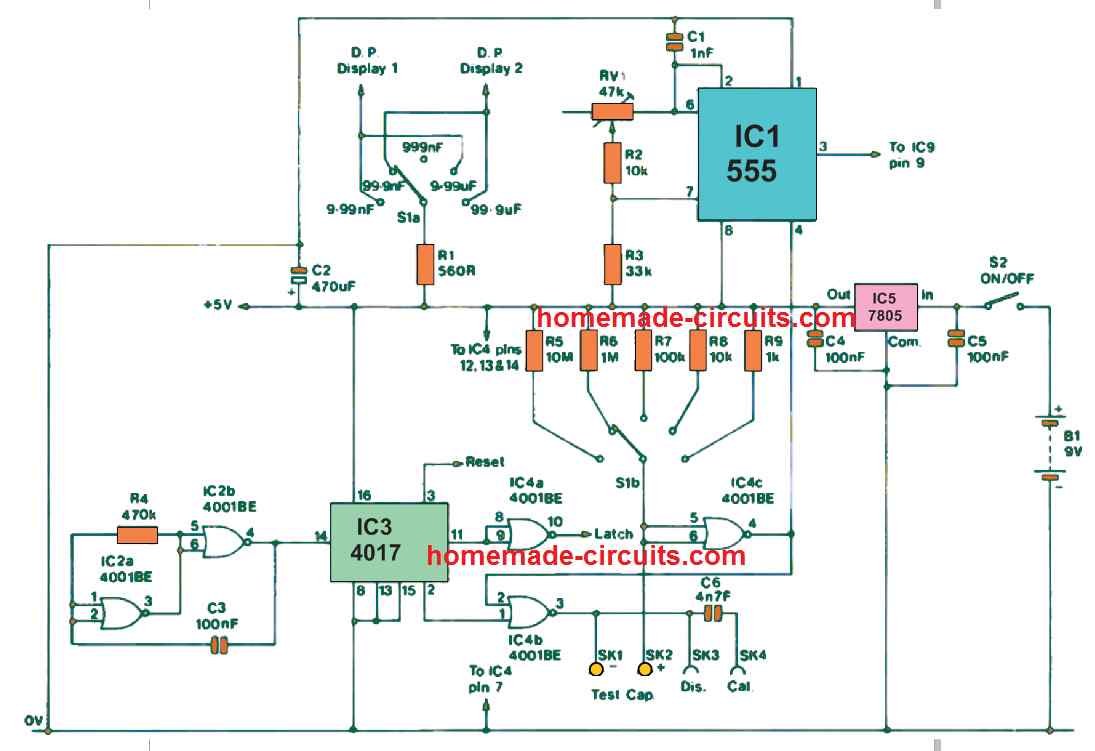 Circuito Medidor de Capacitância LED de 3 Dígitos