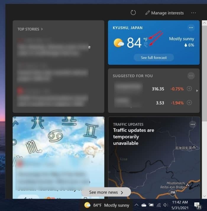 Altere a temperatura para Celsius ou Fahrenheit na barra de tarefas do Windows 10