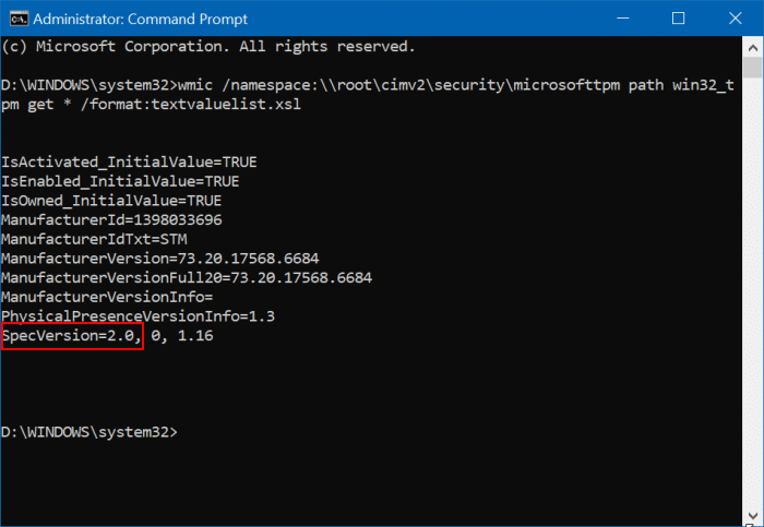 Verifique a versão do TPM via prompt de comando no Windows 10/11