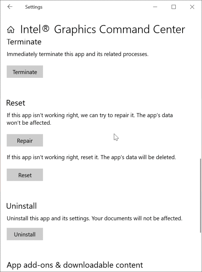 Correção: Intel Graphics Command Center não está abrindo ou funcionando 3 Redefinir ou reparar Intel Graphics Command Center