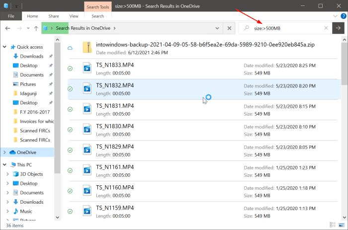 Pesquise arquivos grandes do OneDrive no Windows File Explorer