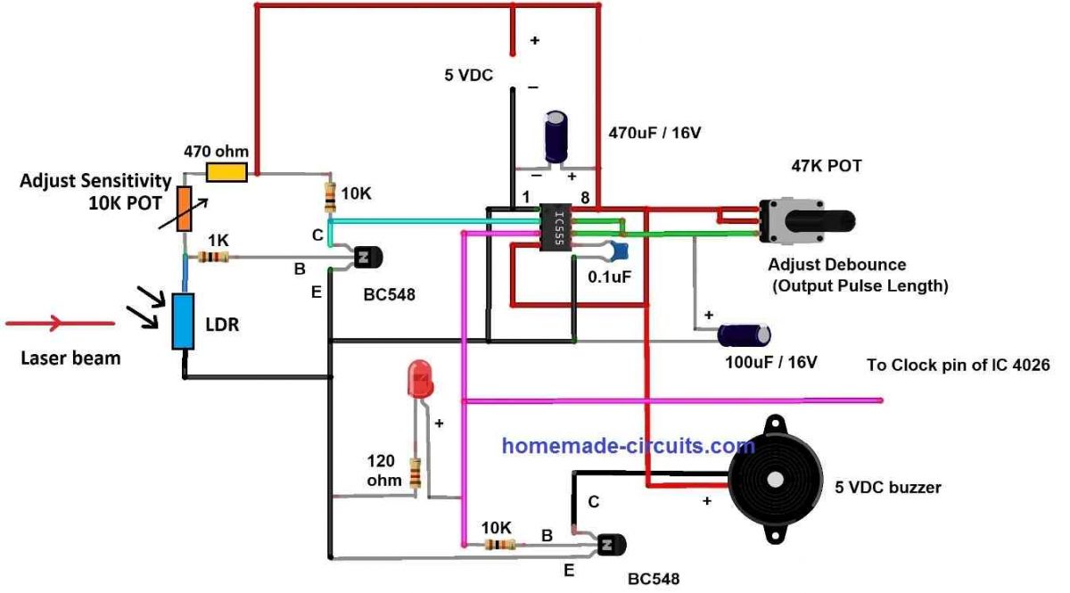 Circuito do contador de visitantes usando IC 555 e IC 4026 4 Circuito de disparo a laser e estágio multivibrador monoestável: