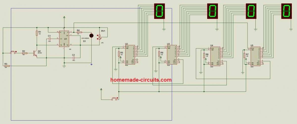 Circuito do contador de visitantes usando IC 555 e IC 4026 14 Explicação do circuito: