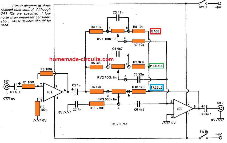 Circuitos de Controle de Tom Simples 16 Controle de tom de 3 canais (graves, agudos, controles de presença)