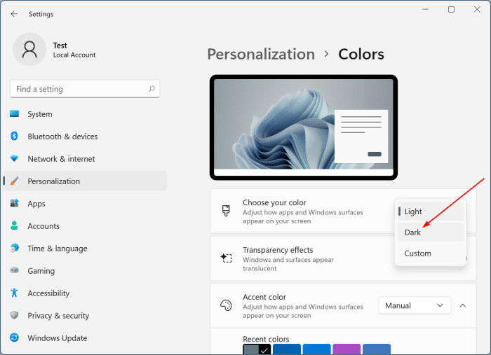 Torne a barra de tarefas do Windows 11 preta usando o tema escuro