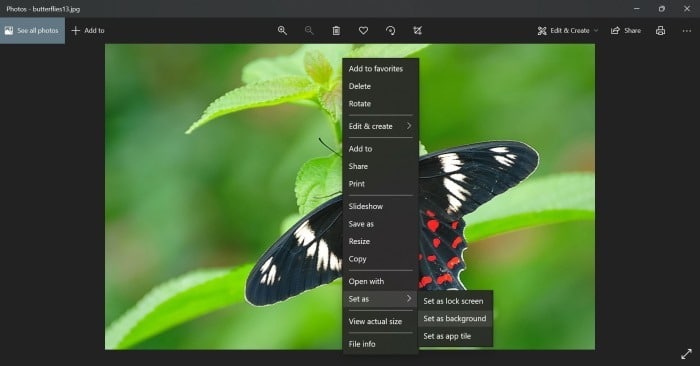 5 maneiras de alterar o papel de parede do Windows 11 7 Use o aplicativo Fotos para definir o plano de fundo da área de trabalho do Windows 11