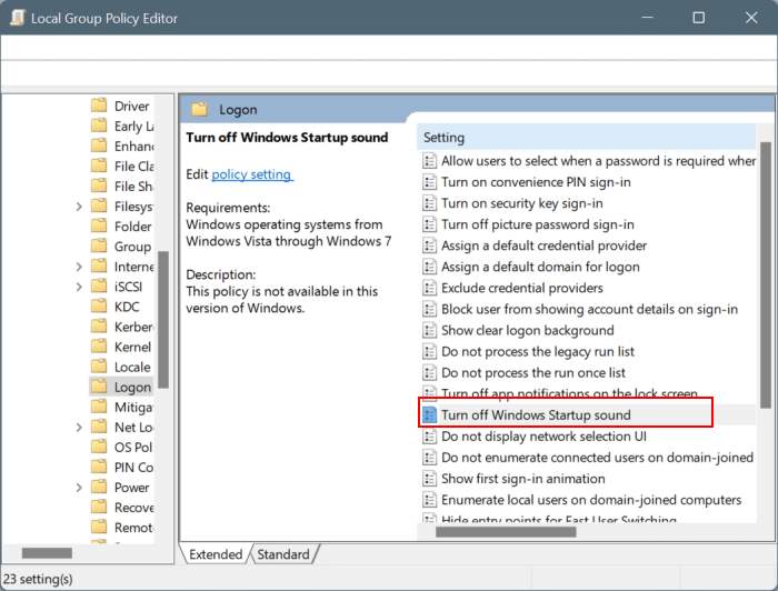Ativar ou desativar o som de inicialização do Windows 11 por meio da Diretiva de Grupo
