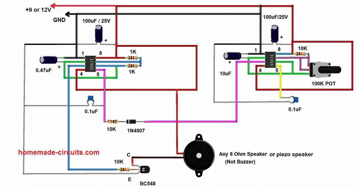 Diagrama de circuito da sirene de dois tons: