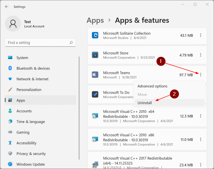 Desinstalar o Microsoft Teams por meio de configurações