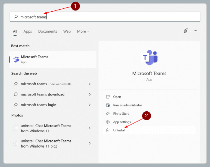 Desinstale o Microsoft Teams através do menu Iniciar