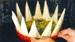 Recheie 10 cones de massa folhada e coloque-os verticalmente na forma. Que quiche maravilhosa!