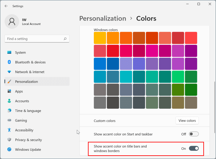 Mostrar cores nas barras de título e nas bordas da janela no Windows 11