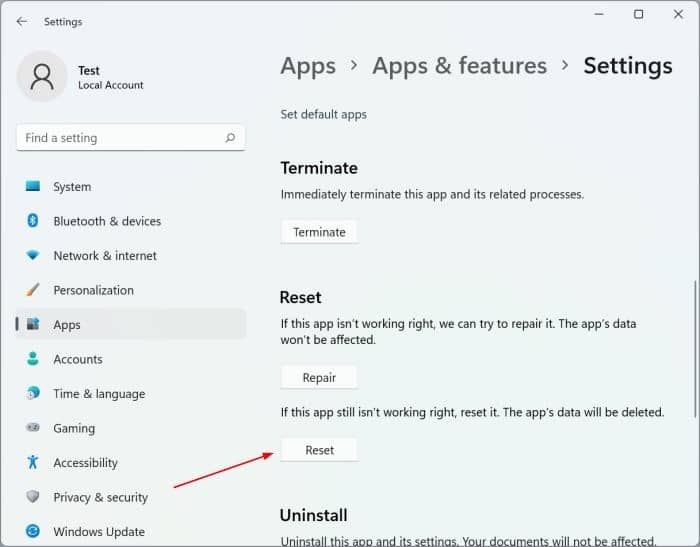 Redefinir o aplicativo Configurações no Windows 11