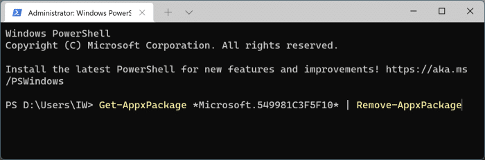 Como desinstalar e remover a Cortana do Windows 11 3 Desinstale a Cortana para o prompt de comando do usuário atual no Windows 11